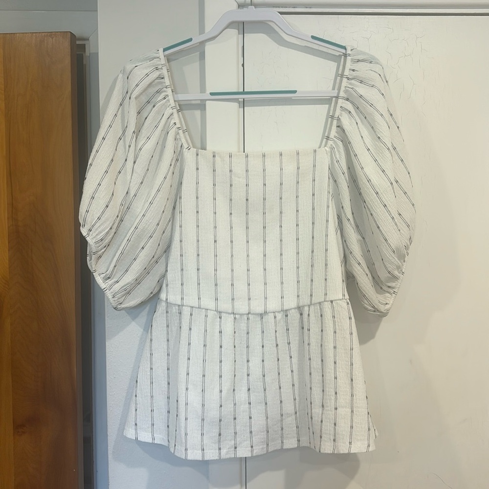 Madewell Ivory and Black Striped Puff Sleeve Blouse 2X